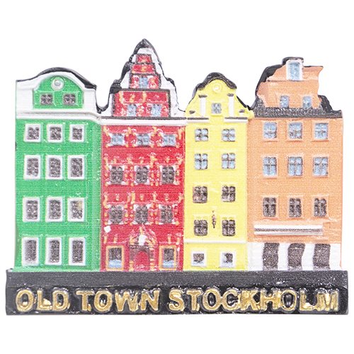 Magnet Old Town Stockholm, grön, röd, gul, orange 70 mm - www.nordicso